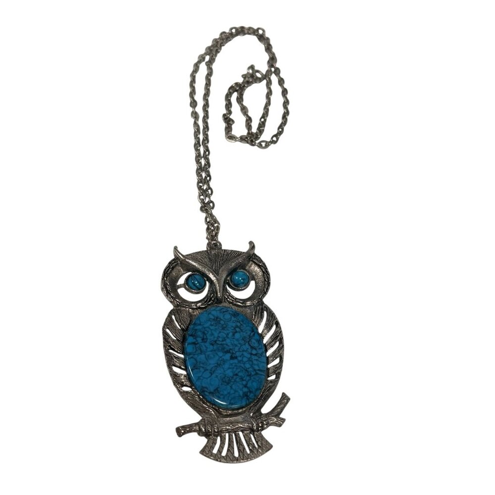 Vintage Statement Large Faux Turquoise Silver-Tone Owl Pendant Necklace MCM - Picture 5 of 5